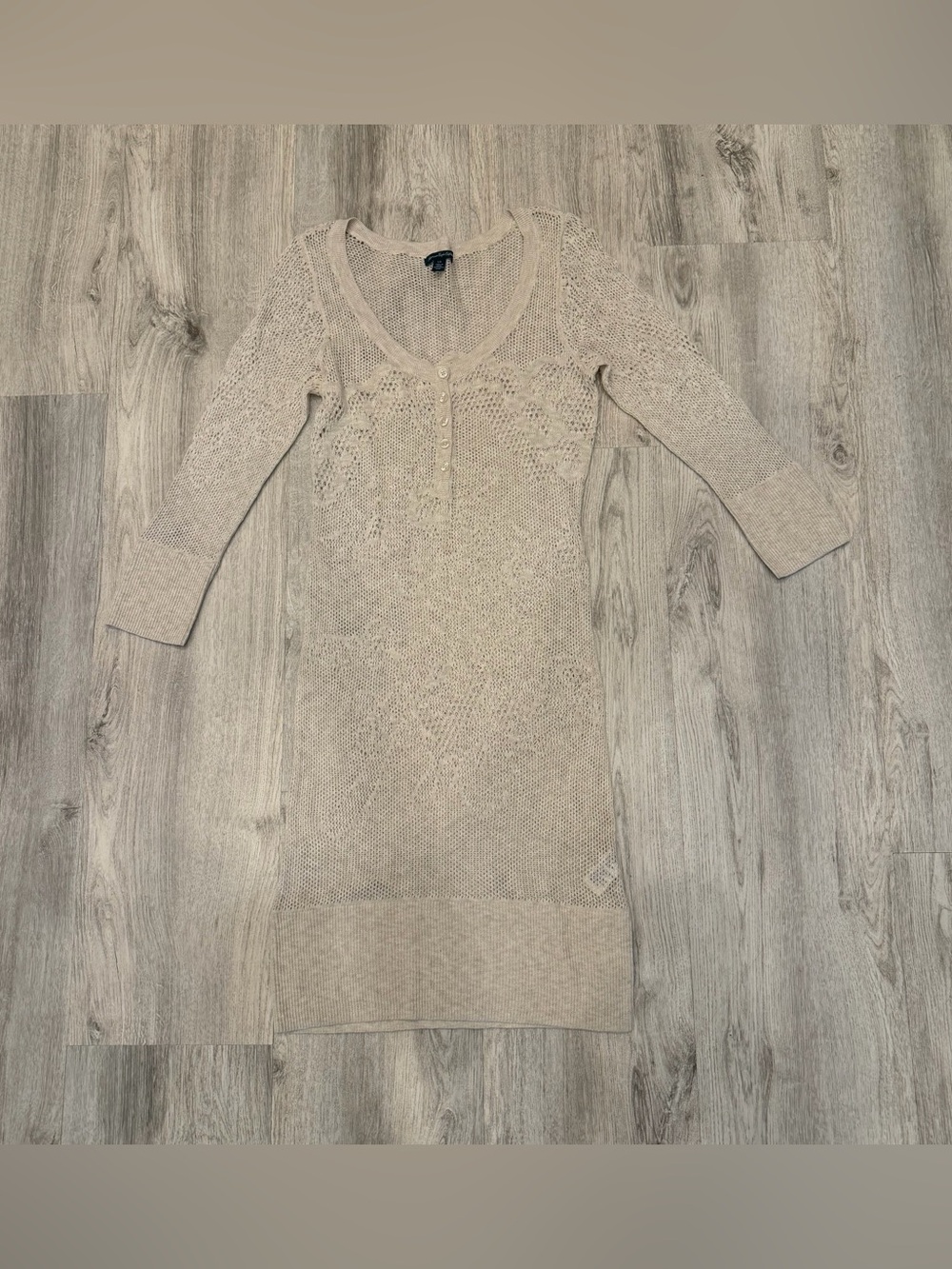 American Eagle Beige Open Knit Sweater Dress Size Large Boho Henley